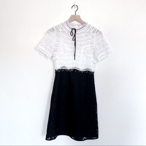 Sandro Helsinki White Black Two Tone Lace Neck Tie Mini Dress XS - Picture 5 of 12